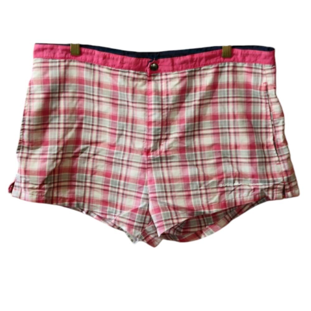 Hugo Boss Pink and White Plaid Swim Trunks Medium